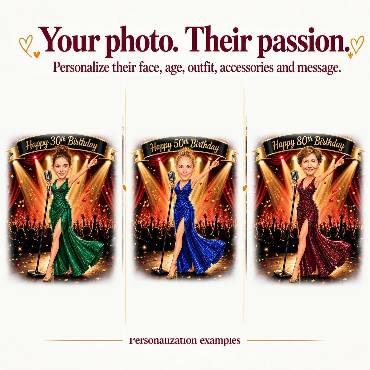 Three women singers with different faces, banners reading 30th, 50th, and 80th birthdays.