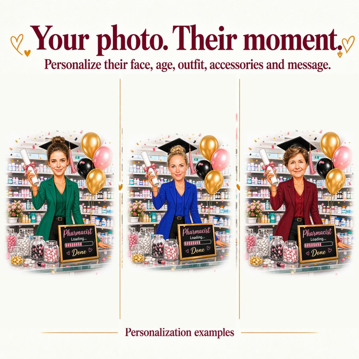 Three personalized pharmacist graduation caricatures with different faces and lab coat colors.