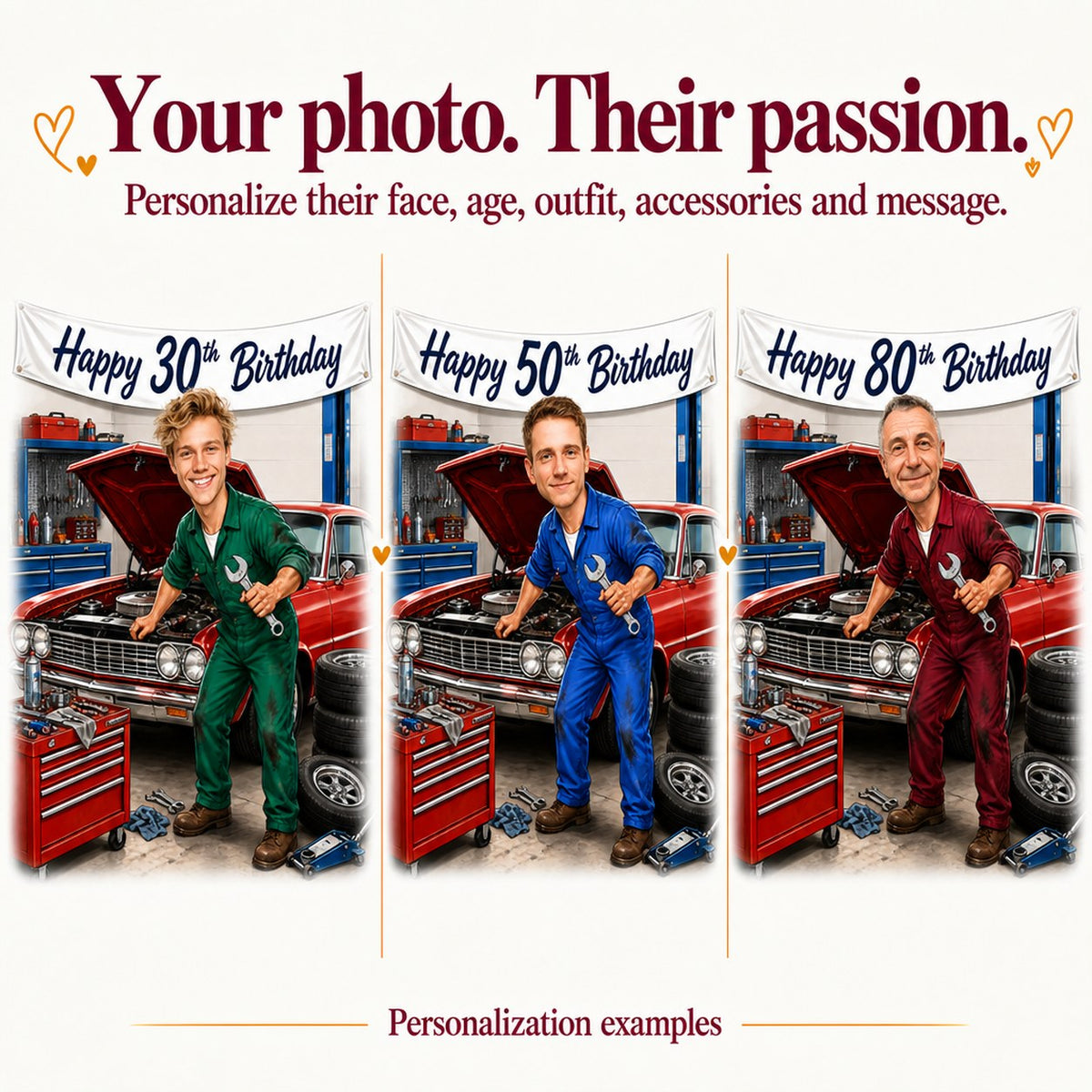 Three mechanic caricatures with different faces and ages 30, 50, and 80.