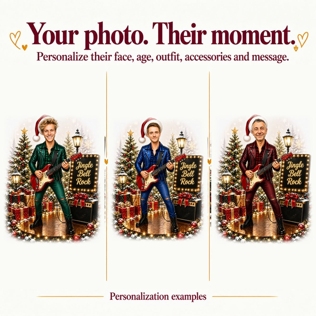 Three personalized Christmas guitarist caricatures with different faces, jacket colors, and guitar shades.