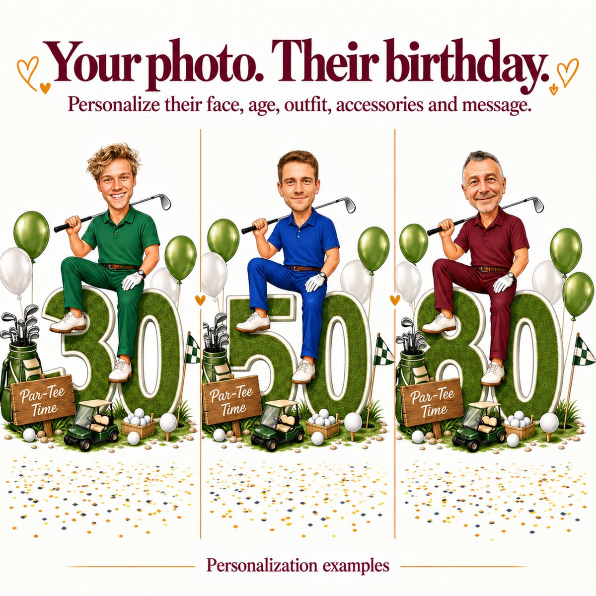 Three golfer caricatures with different faces and ages 30, 50, and 80