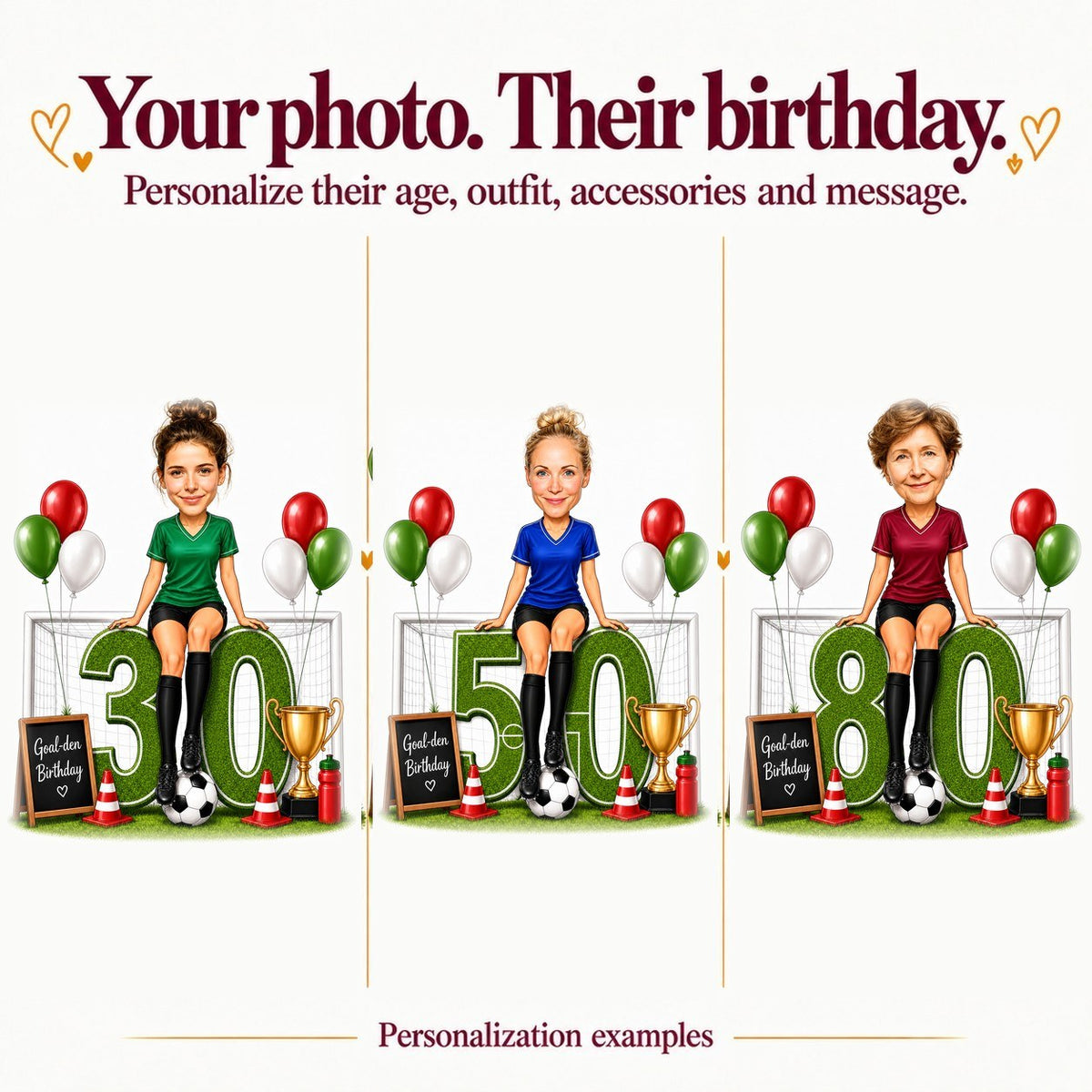 Three custom soccer caricatures with different faces and ages 30, 50, and 80.