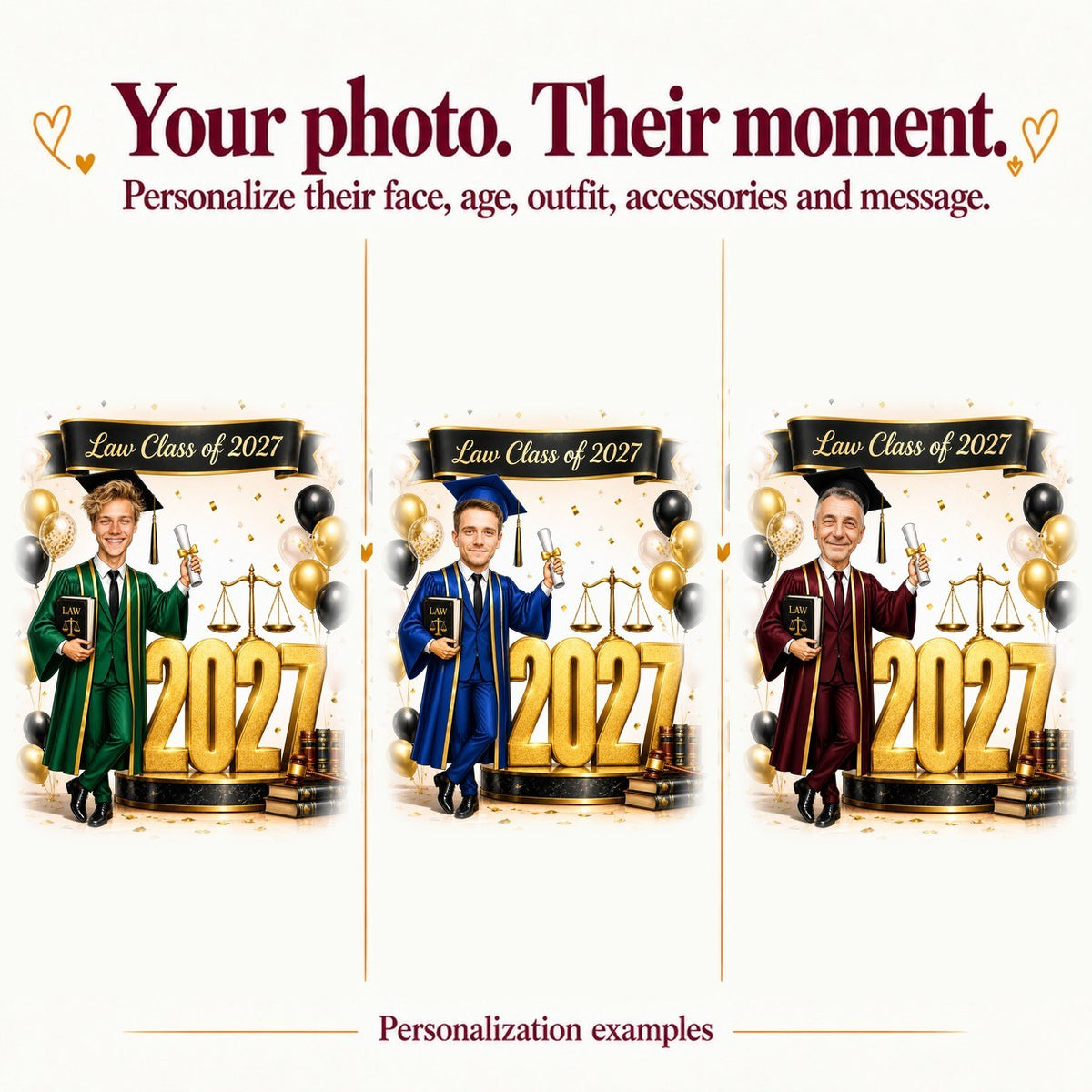 Three custom law graduation caricatures with different faces, gown trim colors, and backgrounds.