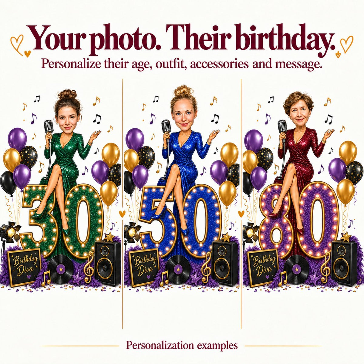 Three personalized singer caricatures with ages 30, 50, and 80, different faces.