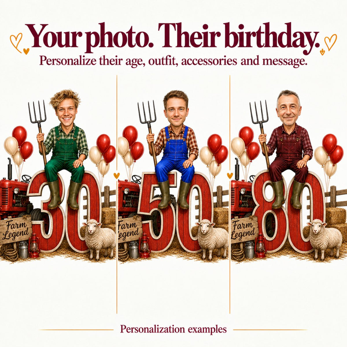 three farmer caricatures with different faces and ages 30, 50 and 80