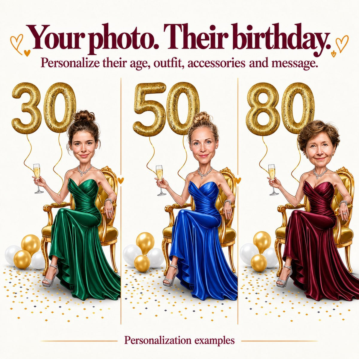 Three personalized women on golden armchair with ages 30, 50, and 80 balloons.