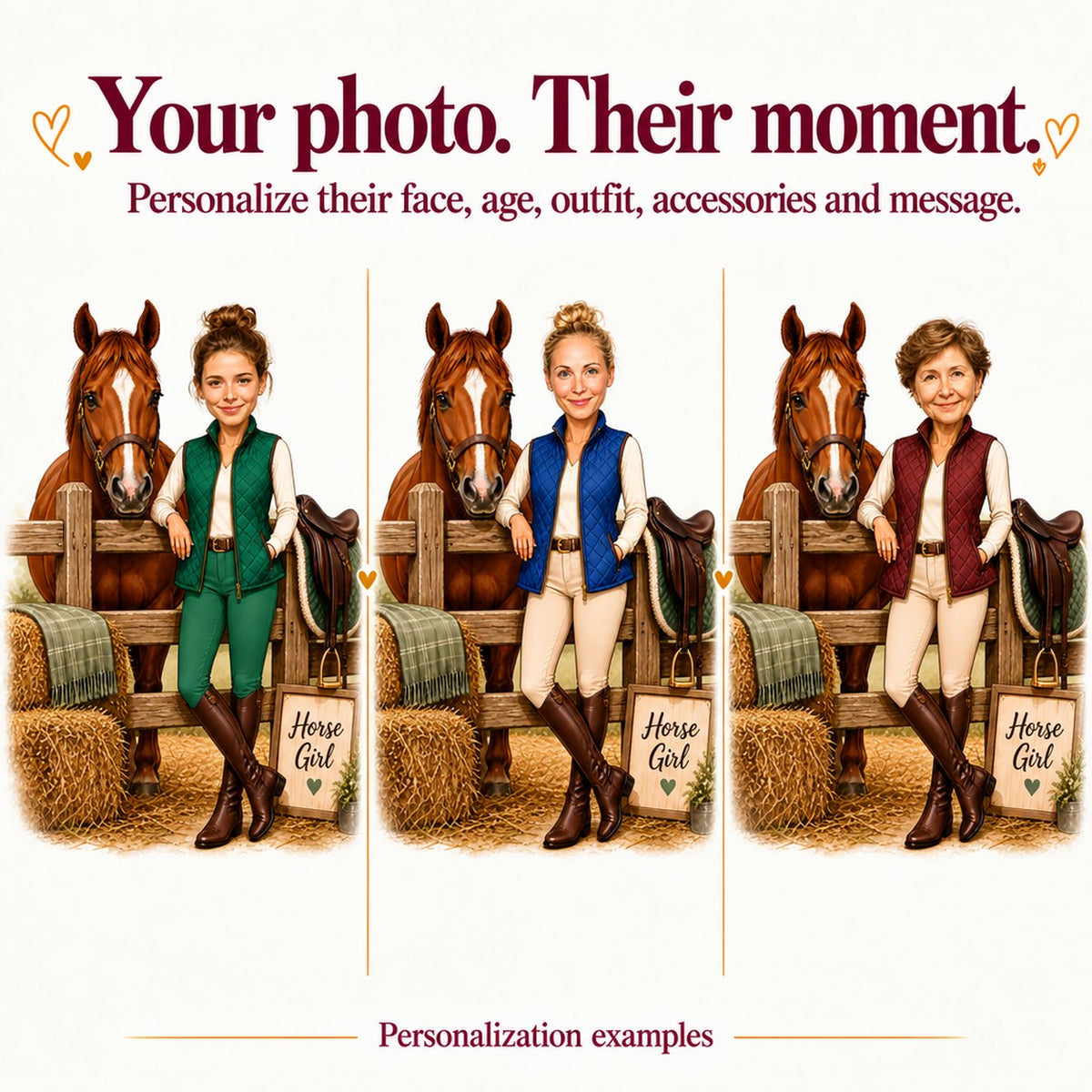 Three versions with different faces and outfit colors in the horse riding scene.
