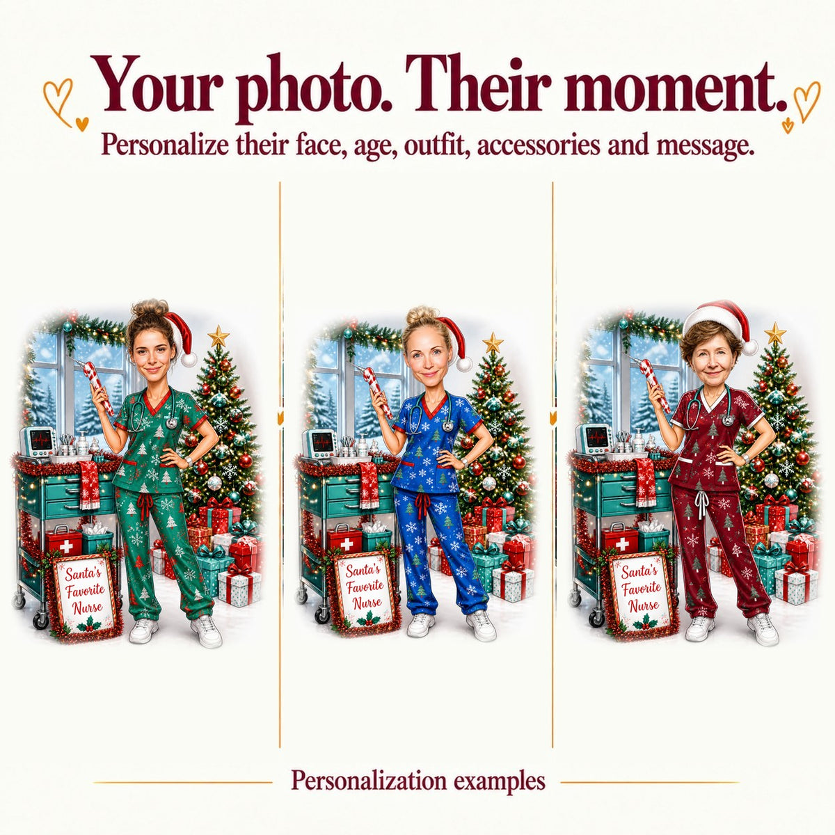 Three personalized versions with different faces and scrub colors in Christmas nurse scene.