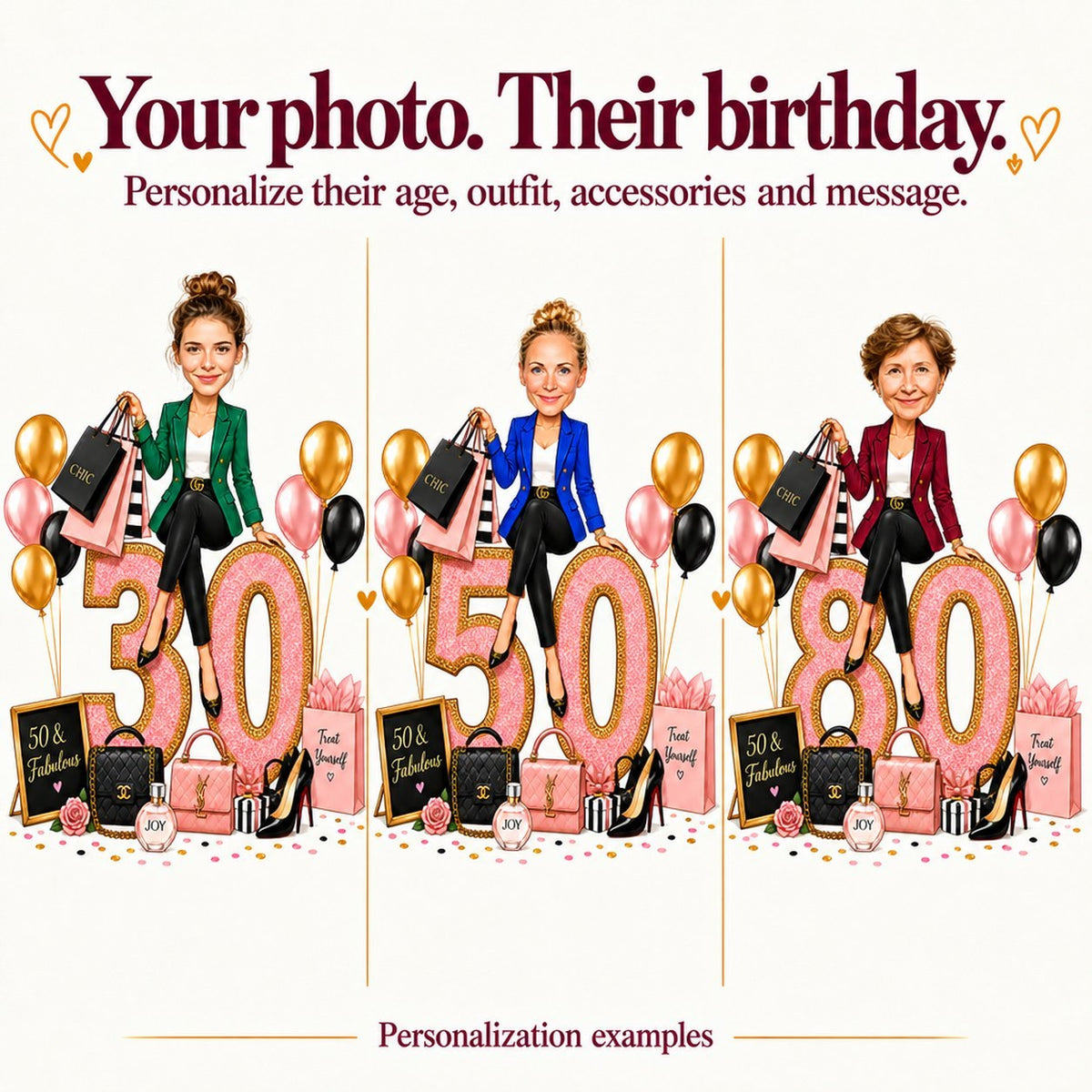 Three women personalized in scene with ages 30, 50, and 80 displayed