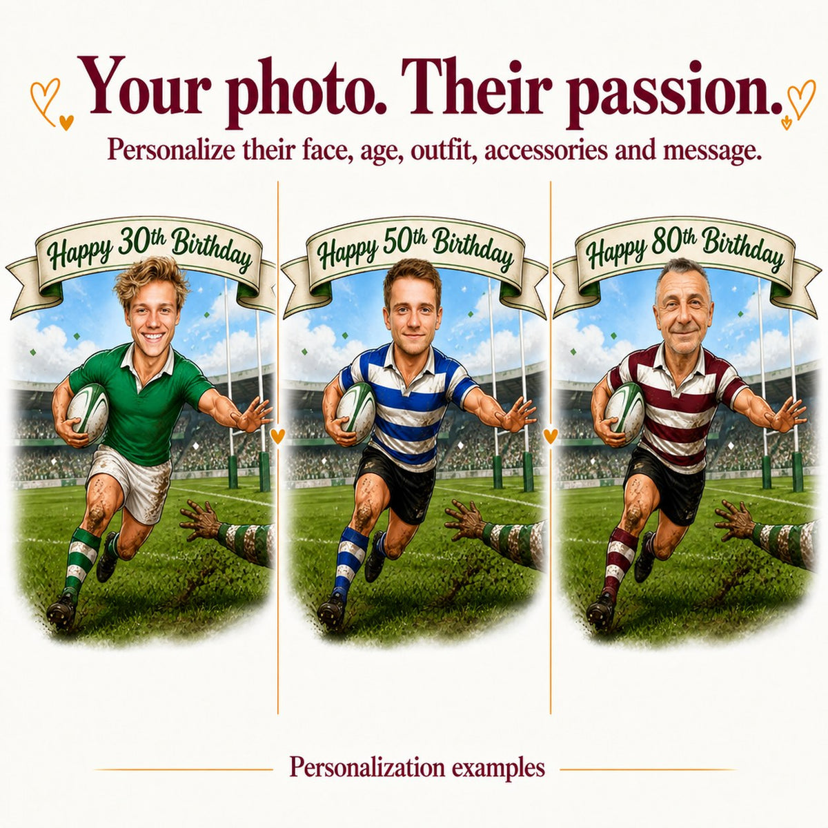 Three personalized rugby caricatures with different faces and ages 30, 50, 80.