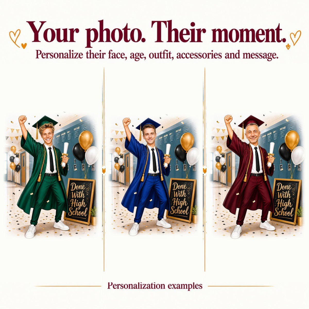 Three personalized male graduates with different faces, gown colors, and school color balloons