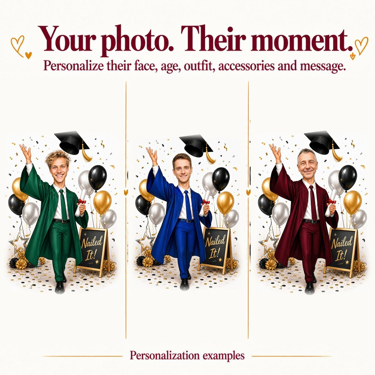 Three versions with different male faces and gown colors in black, blue, and red