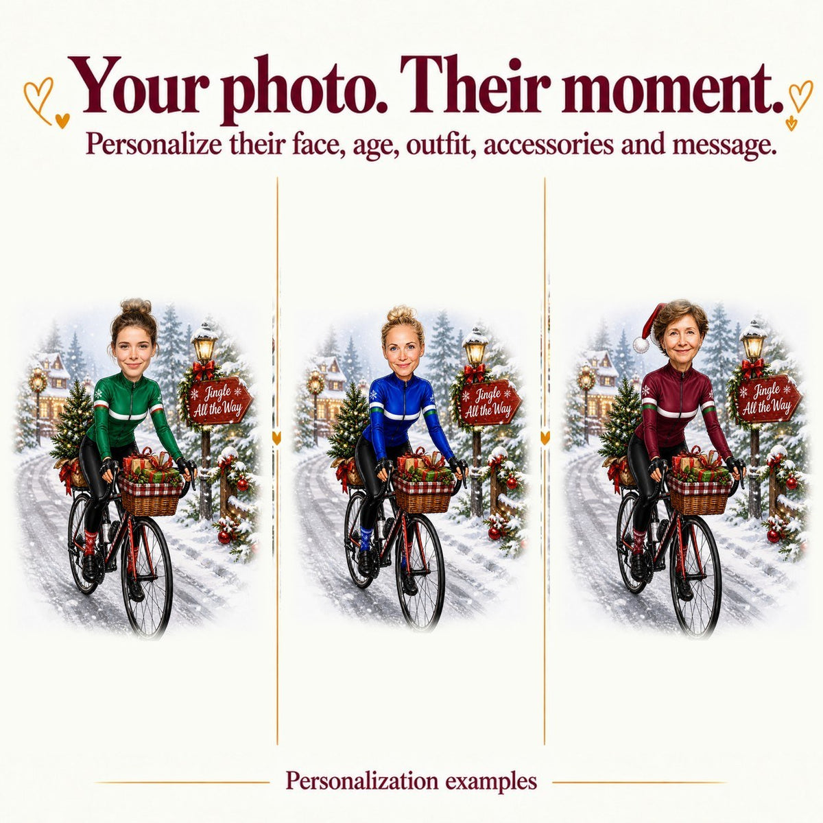 Three custom cyclists with different faces and jerseys in red, green, and blue.