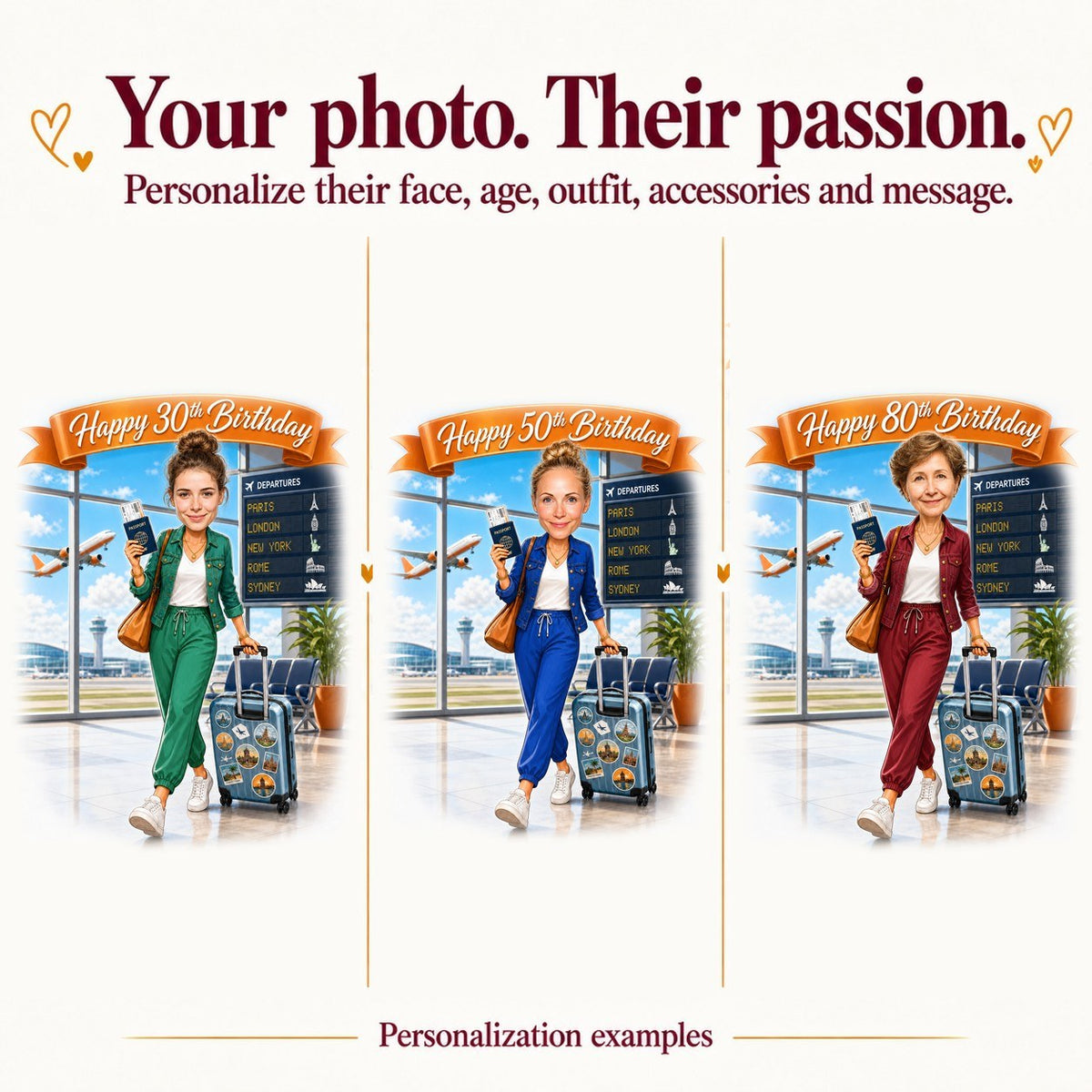 Three traveler caricatures with different faces and ages 30, 50, and 80.