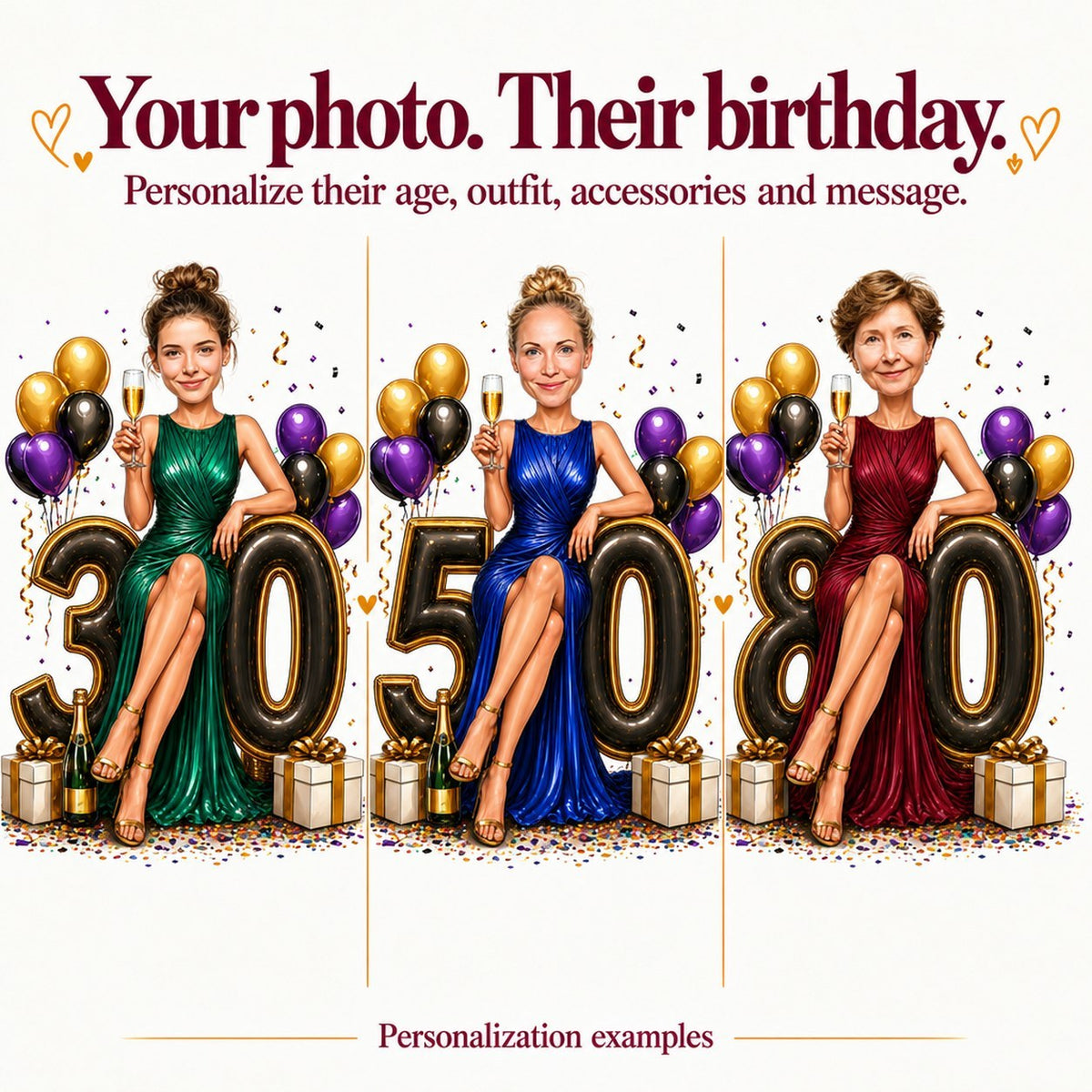 Three examples with different women’s faces at ages 30, 50, and 80 in scene.