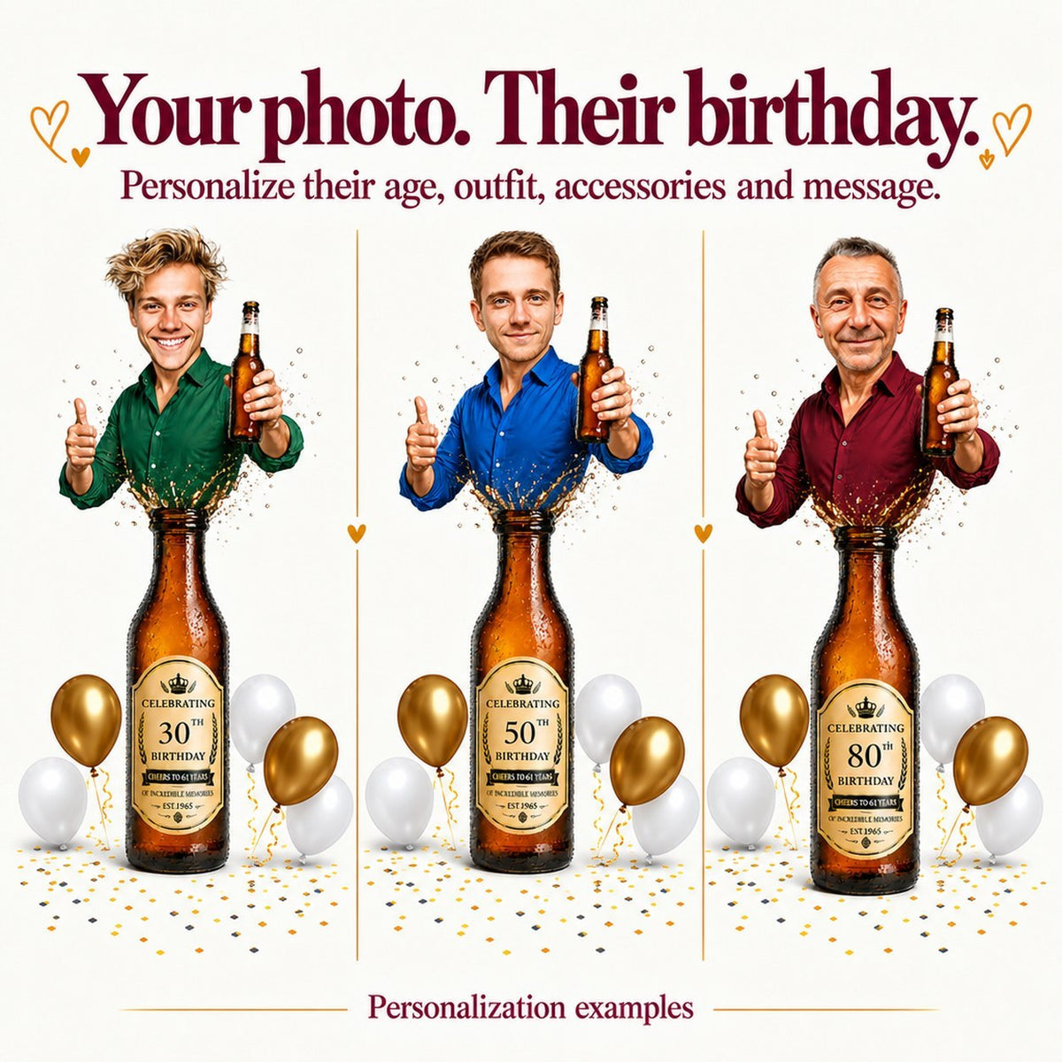 Three versions featuring different faces and ages 30, 50, and 80 on beer label.