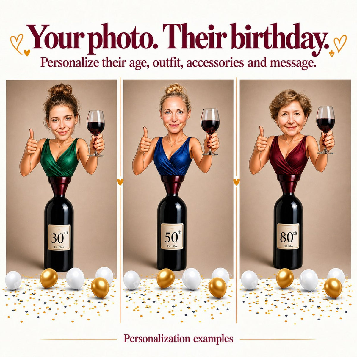 Three personalized wine caricatures with different faces and ages 30, 50 and 80.