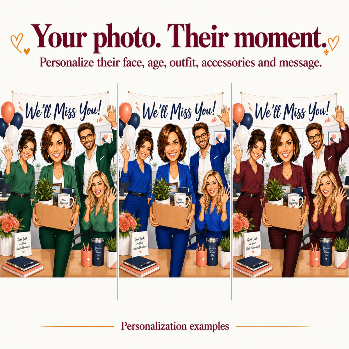 Three team farewell caricatures with different faces, outfit colors, and custom banner text