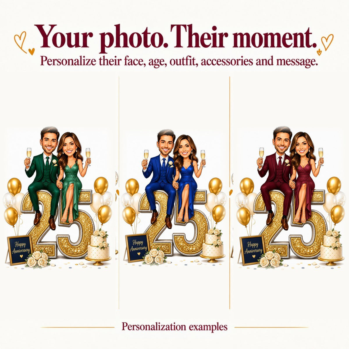 Three couples with different faces and outfit colors customized on the gold-number scene.
