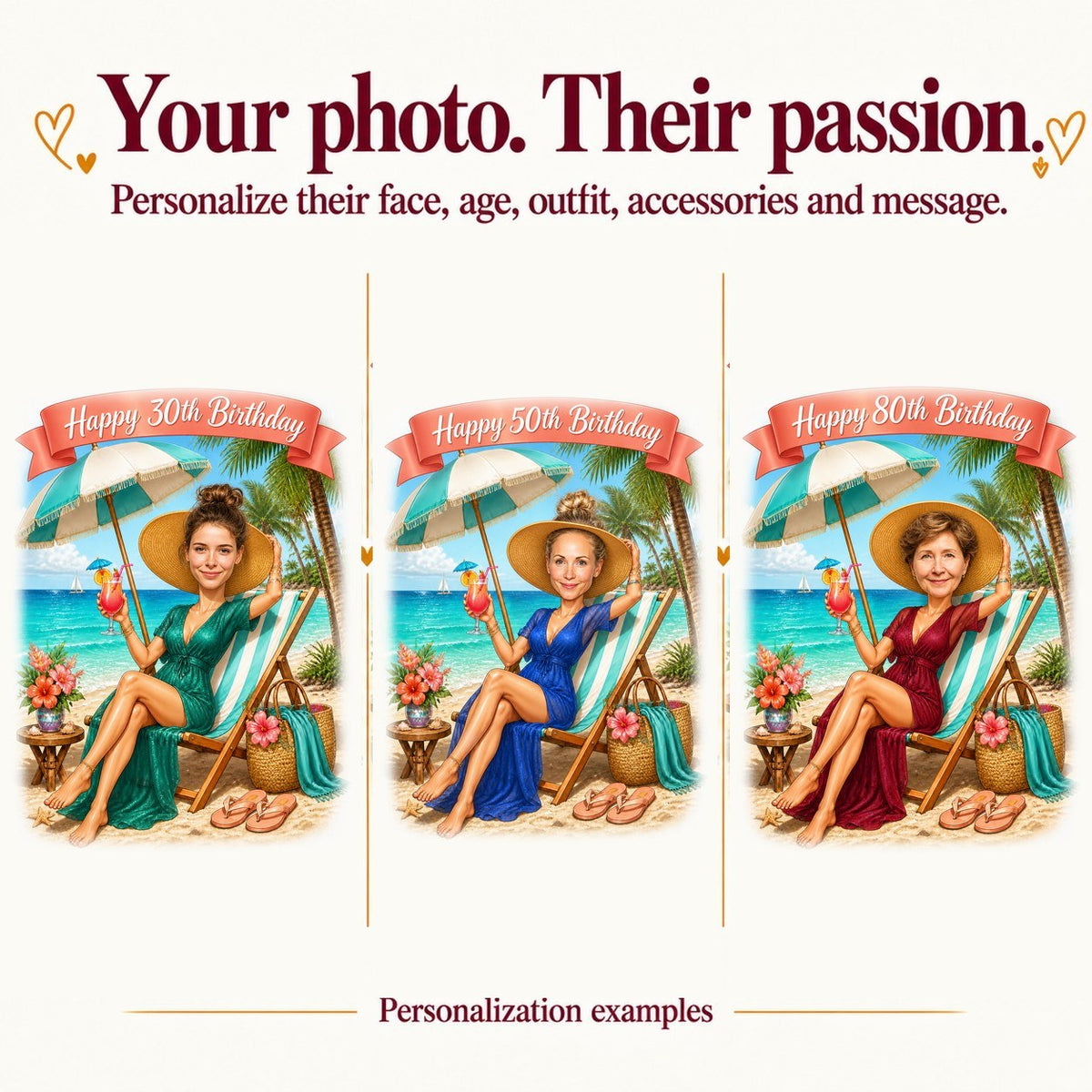 Three personalized beach birthday caricatures with different faces and ages 30, 50, 80
