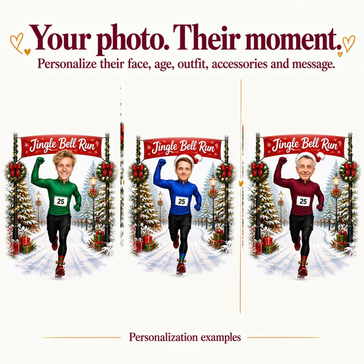 Three runner caricatures with different faces and red, green, blue outfits