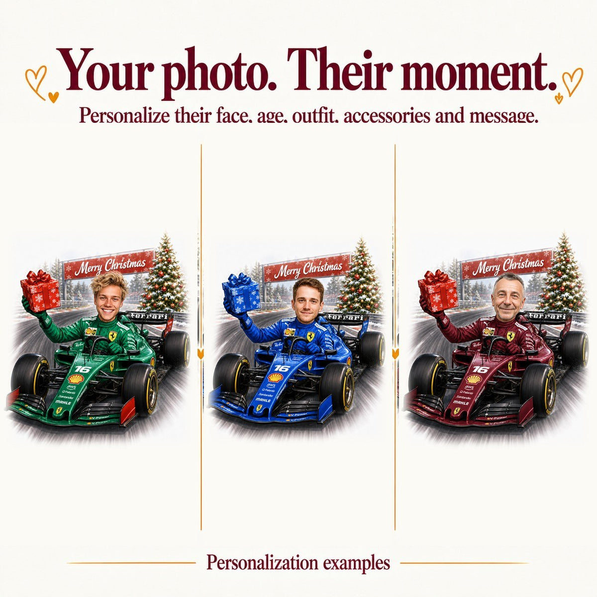 Three F1 caricatures with different faces and race suit colors: red, blue, and black.