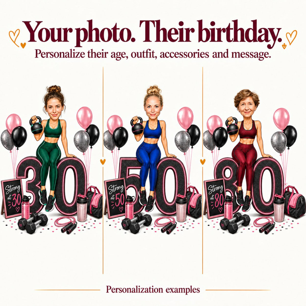 Three personalized fitness caricatures with different faces and ages 30, 50 and 80.