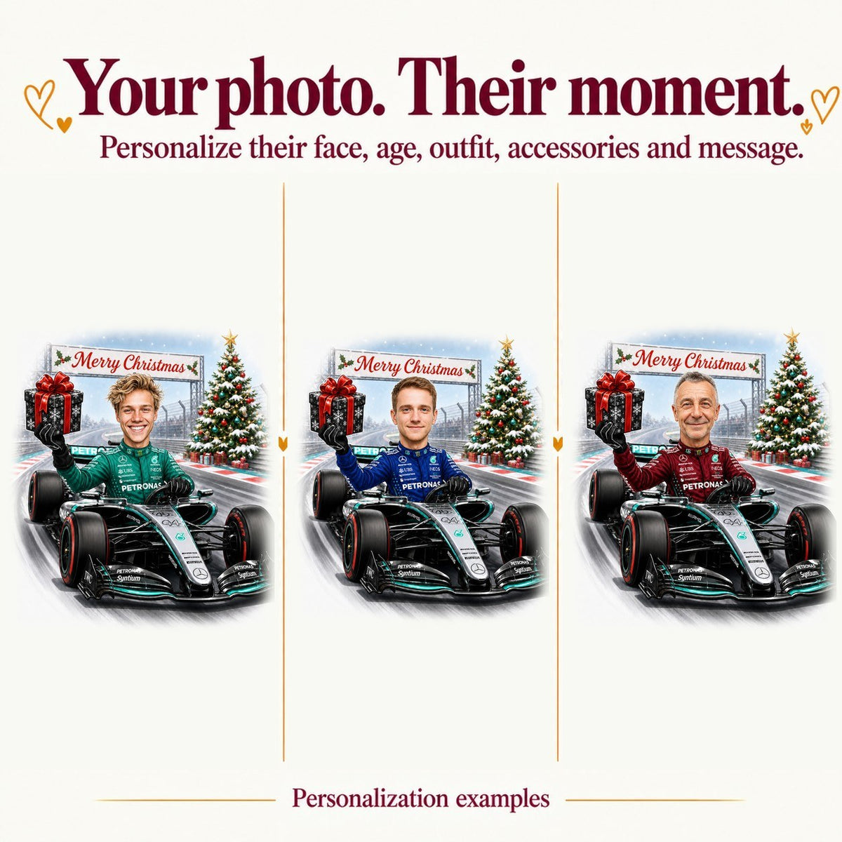Three personalized versions: different male faces, suit colors red, blue, and black.