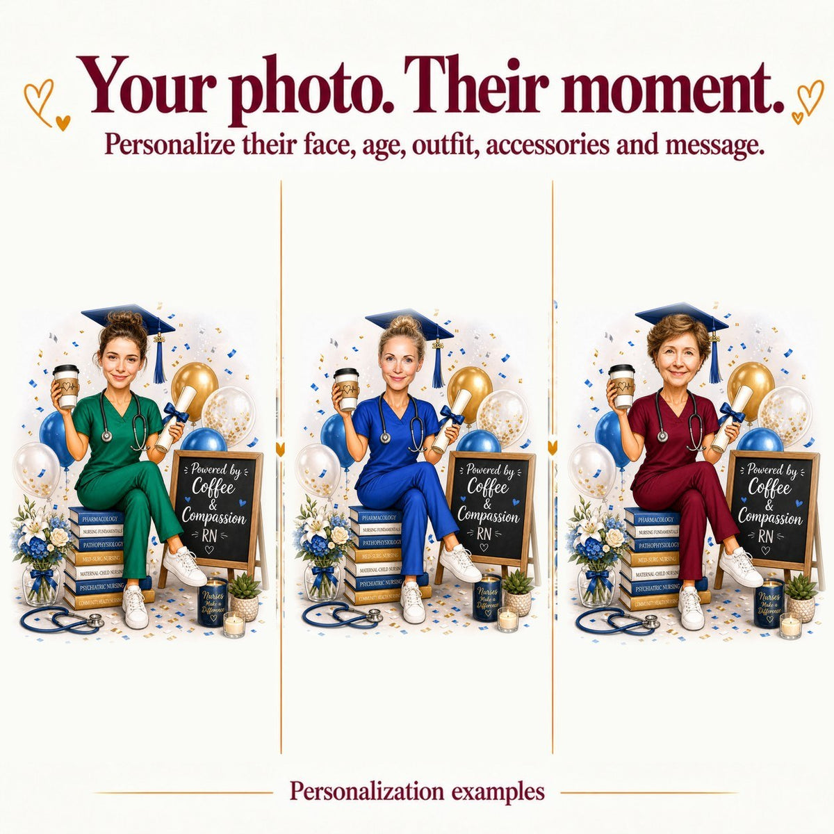 Three personalized nurse graduates with different faces and scrub colors, each holding diploma and coffee.