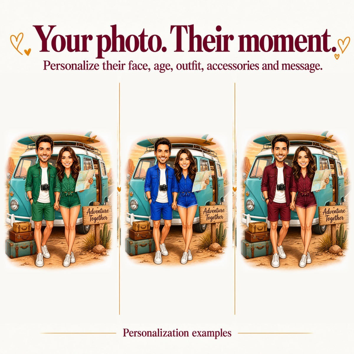 Three couples with different faces and outfit colors in the road trip scene.