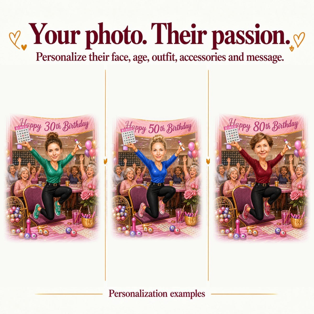 Three personalized bingo caricatures with different faces and ages 30, 50, and 80.