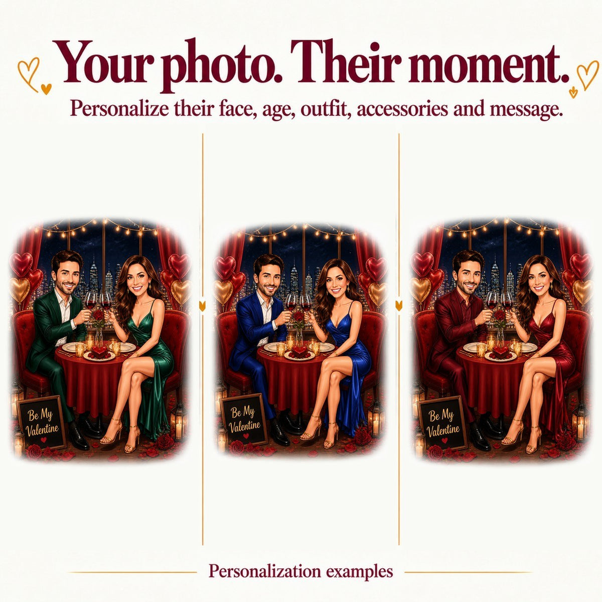 Three couples personalized with different faces, suit and dress colors in scene.