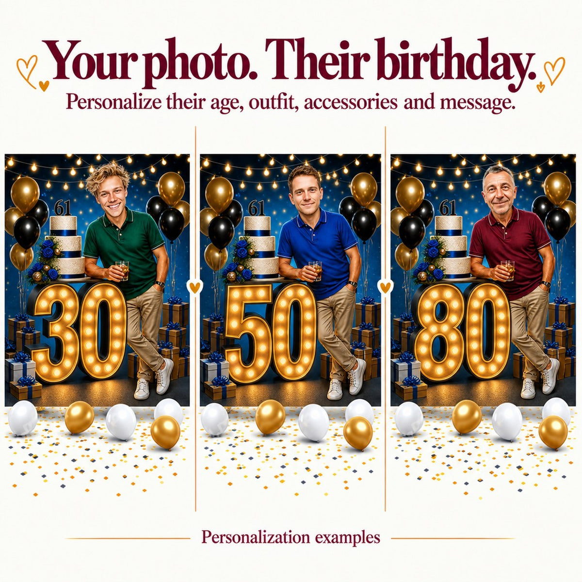 Three personalized faces in blue party scene with ages 30, 50, 80.