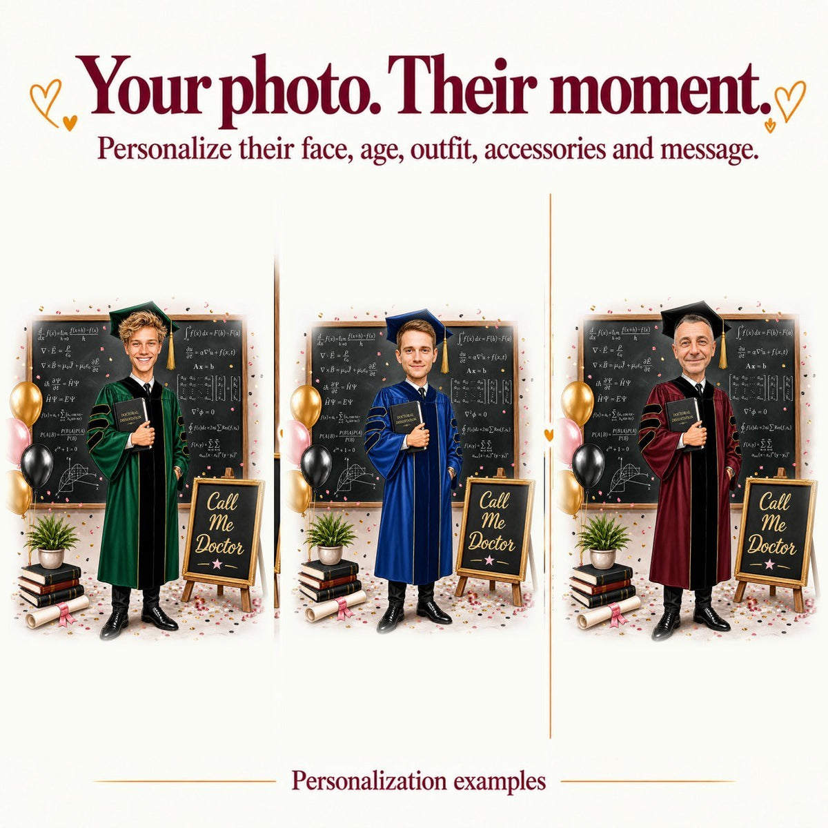 Three PhD caricatures with different male faces, varied gown trim colors, and custom text.