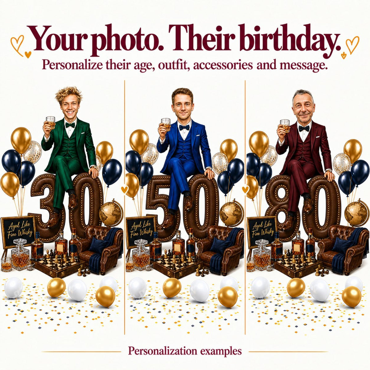 Three personalized gentleman caricatures with different faces and ages 30, 50, and 80.
