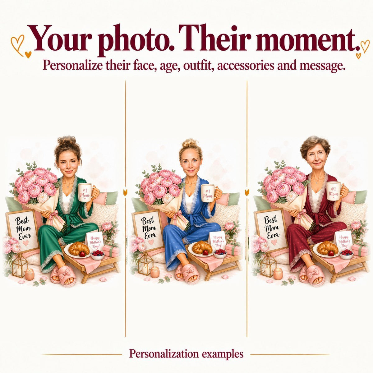 Three personalized mom caricatures with different faces, hairstyles, and robe colors.