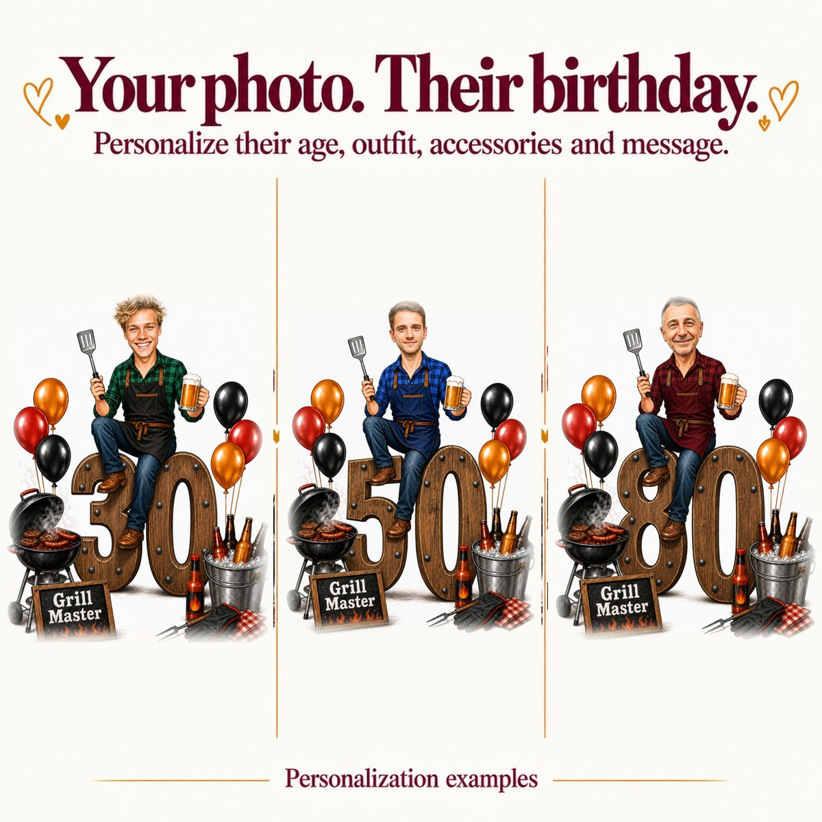 Three grill master caricatures with different faces and ages 30, 50, and 80.