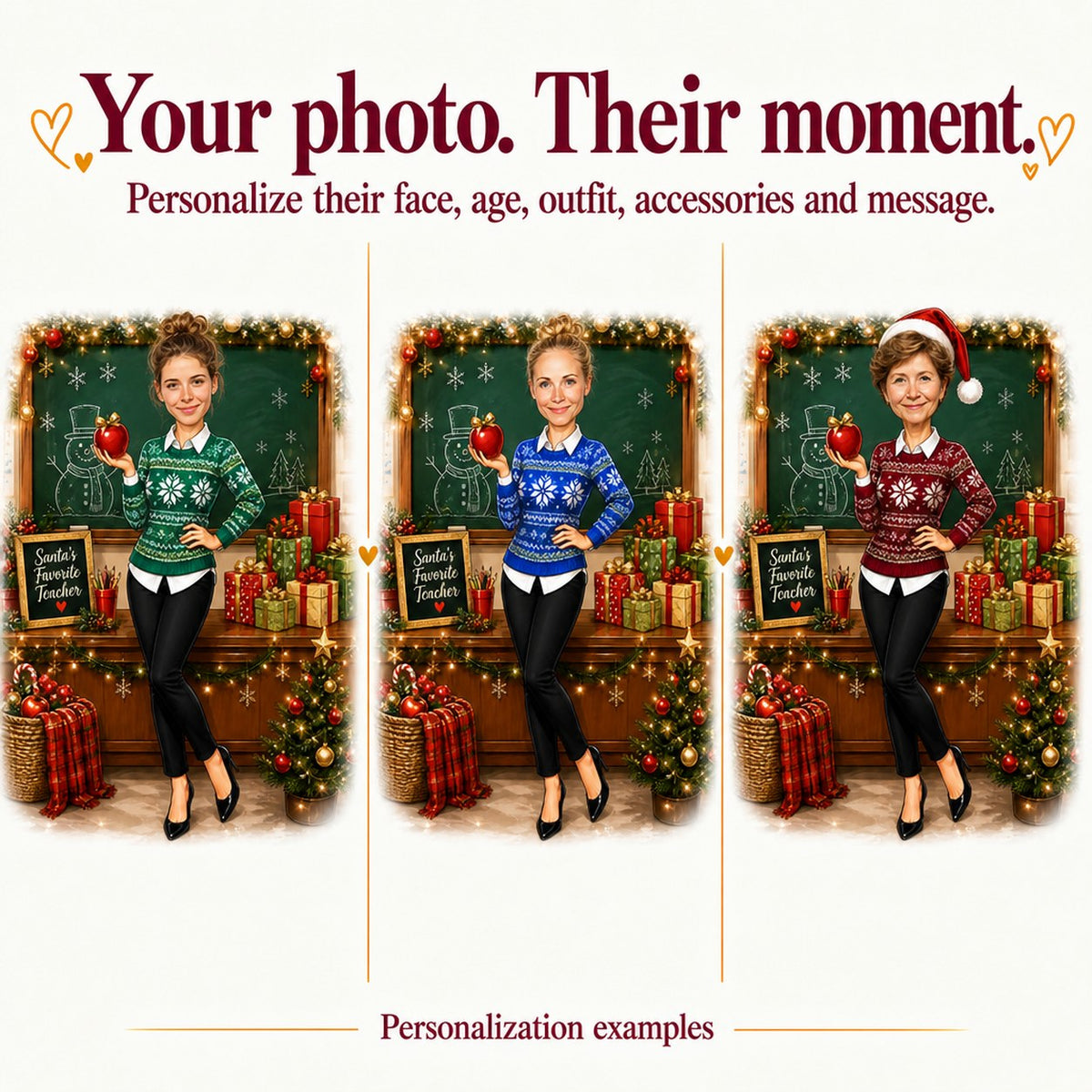 Three custom teacher caricatures with different female faces and sweater colors red, green, blue.