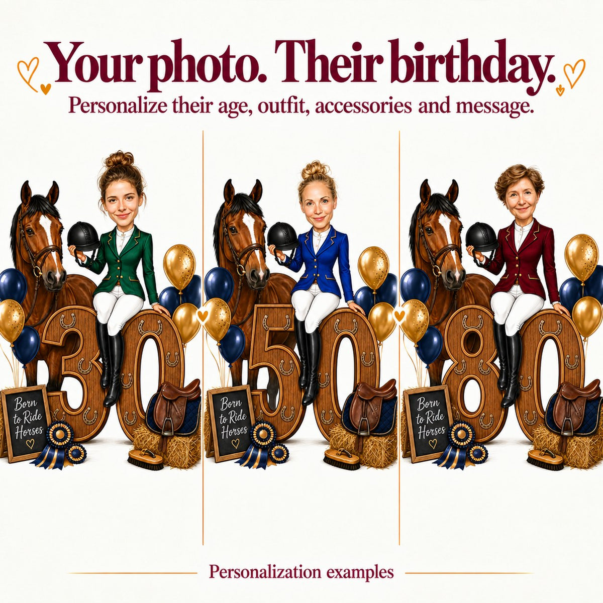 Three riders personalized with different faces and ages 30, 50, and 80.