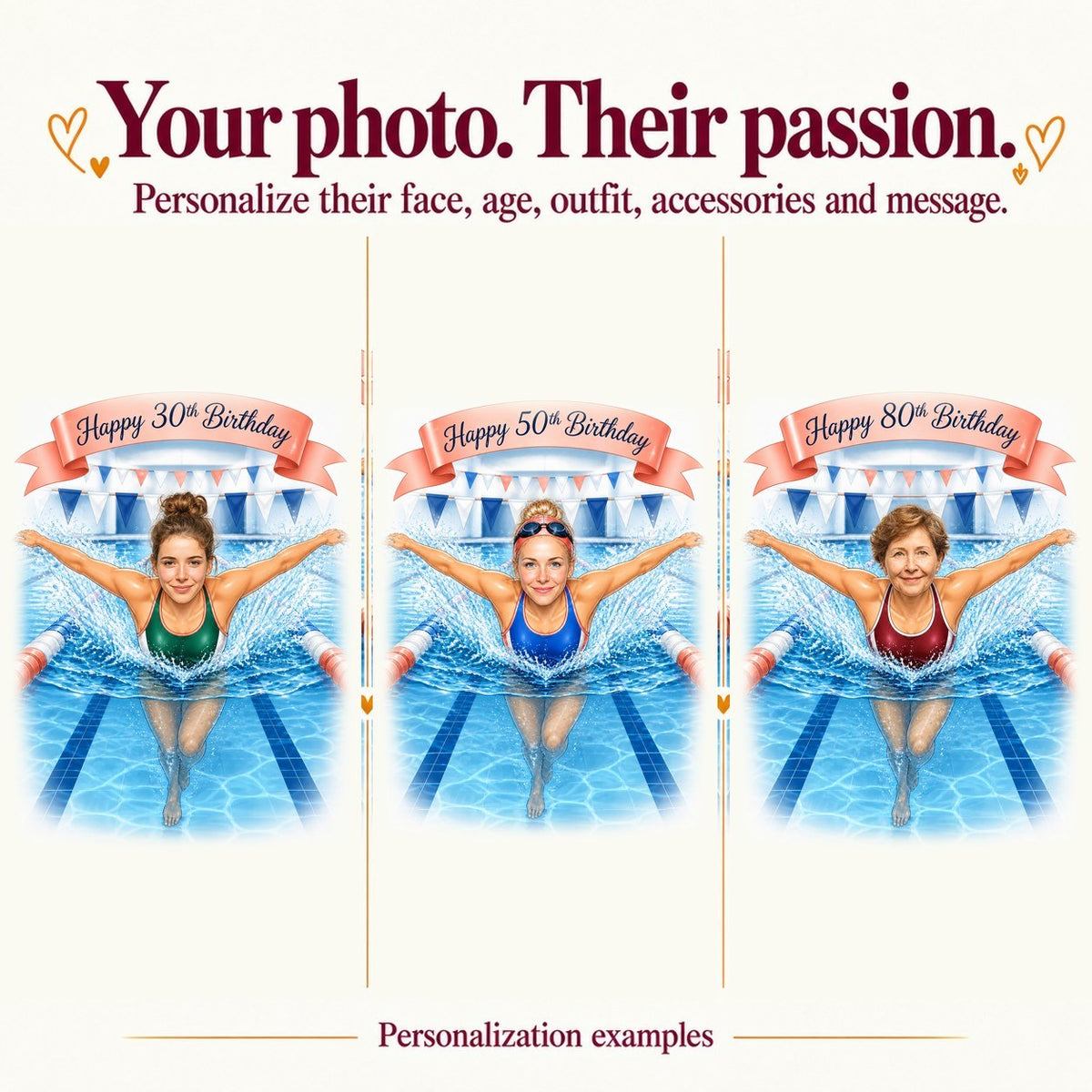 Three personalized swimmer caricatures with different faces and ages 30, 50, and 80.