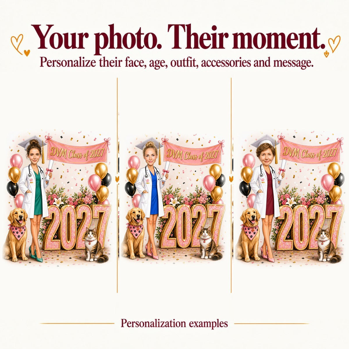 Three personalized vet grad caricatures with different faces and pink, teal, or purple accents.