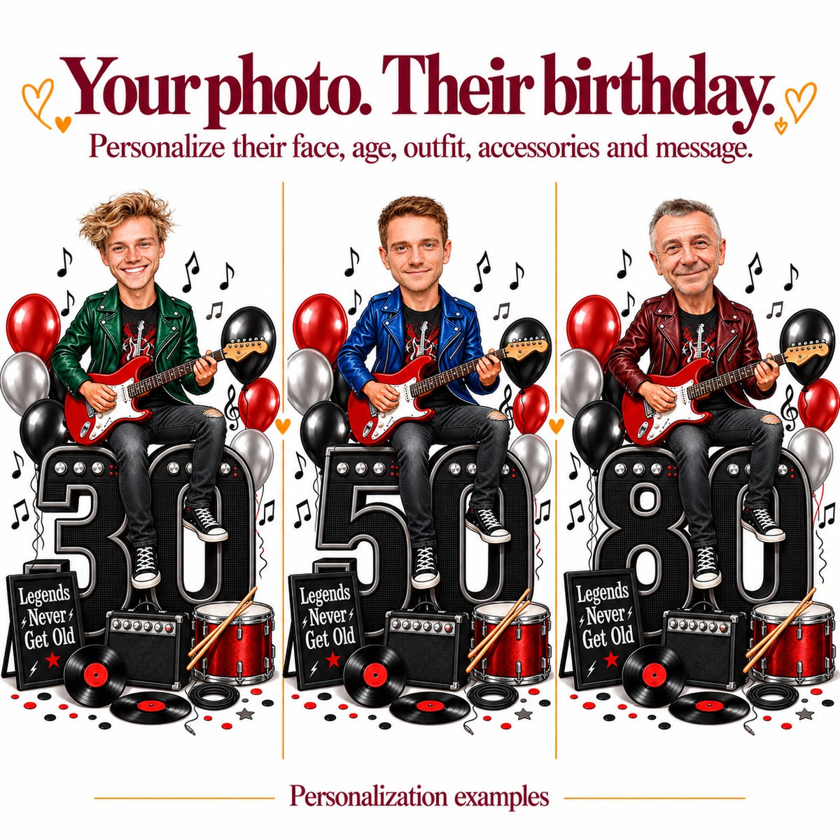 Three guitarist caricatures with different faces and ages 30, 50, and 80.