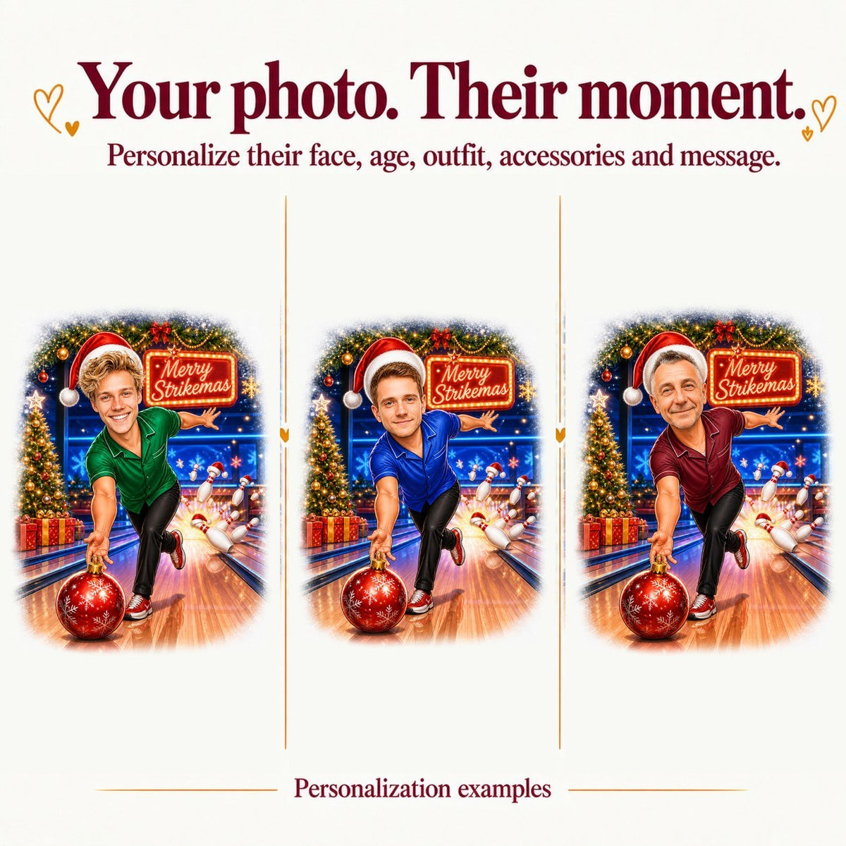 Three personalized bowling Christmas caricatures, different faces and red or green outfits