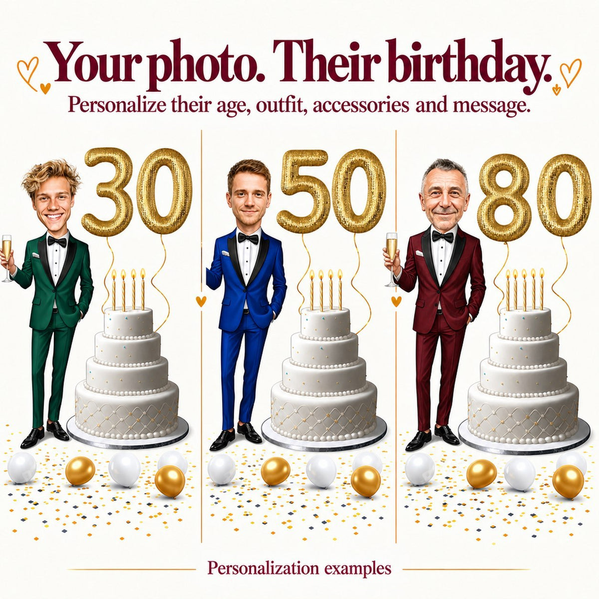 Three personalized versions of the tuxedo birthday scene with faces aged 30, 50, and 80.
