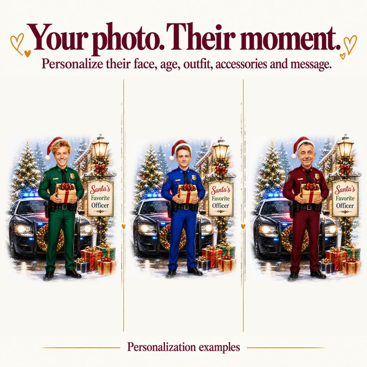 Three officer caricatures with different faces, uniform colors, and custom sign text