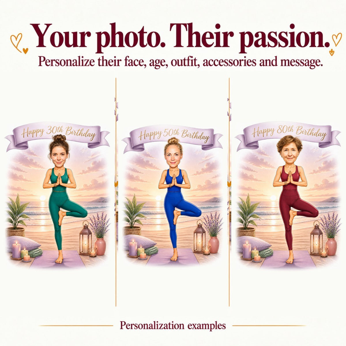 Three personalized yoga caricatures with different faces and ages 30, 50, 80.