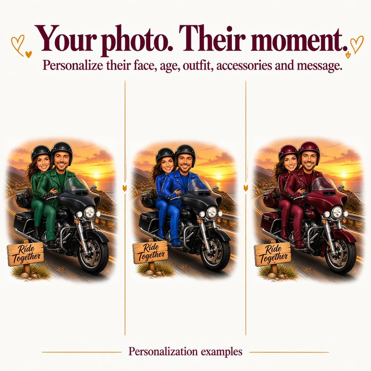 Three examples: different faces on bikers, jackets in red, blue, or black.