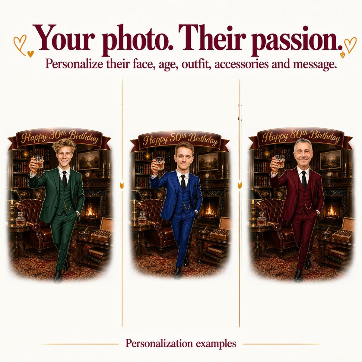 Three personalized versions with different faces and ages 30, 50, and 80 years.