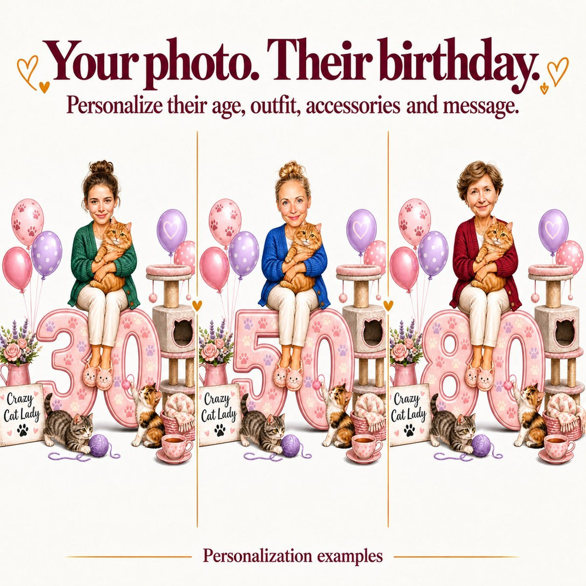 Three personalized cat lover caricatures with different faces and ages 30, 50, 80.