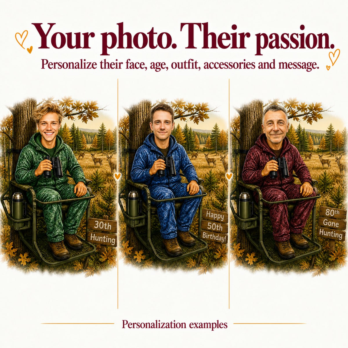 Three hunting caricatures with different faces, camo color variations, and custom sign text.